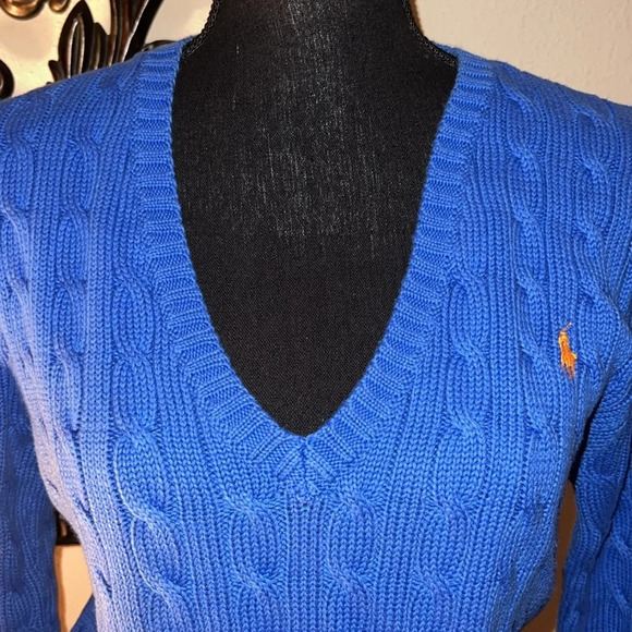 Ralph Lauren Women’s Periwinkle Blue Cable Knit V-Neck 100% Cotton Sweater XL - Picture 14 of 15